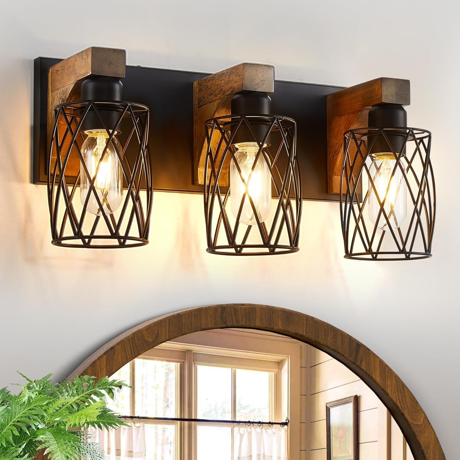3-Light Wood Bathroom Light Fixture