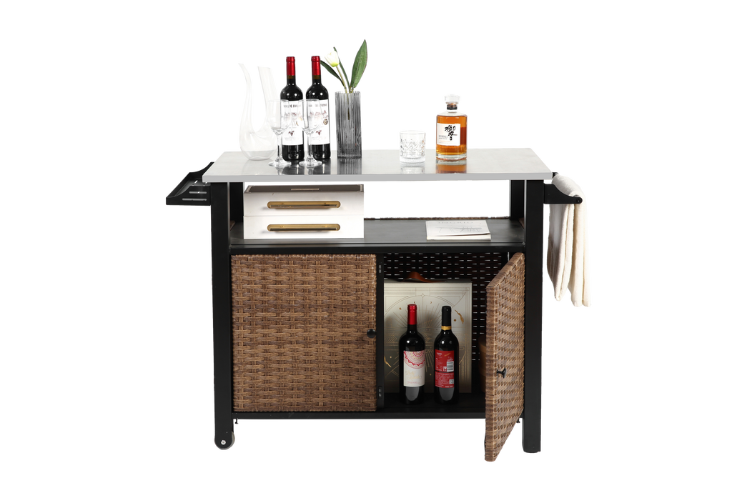 Outdoor Kitchen Wicker Island Rolling Cart & Storage Cabinet Brown