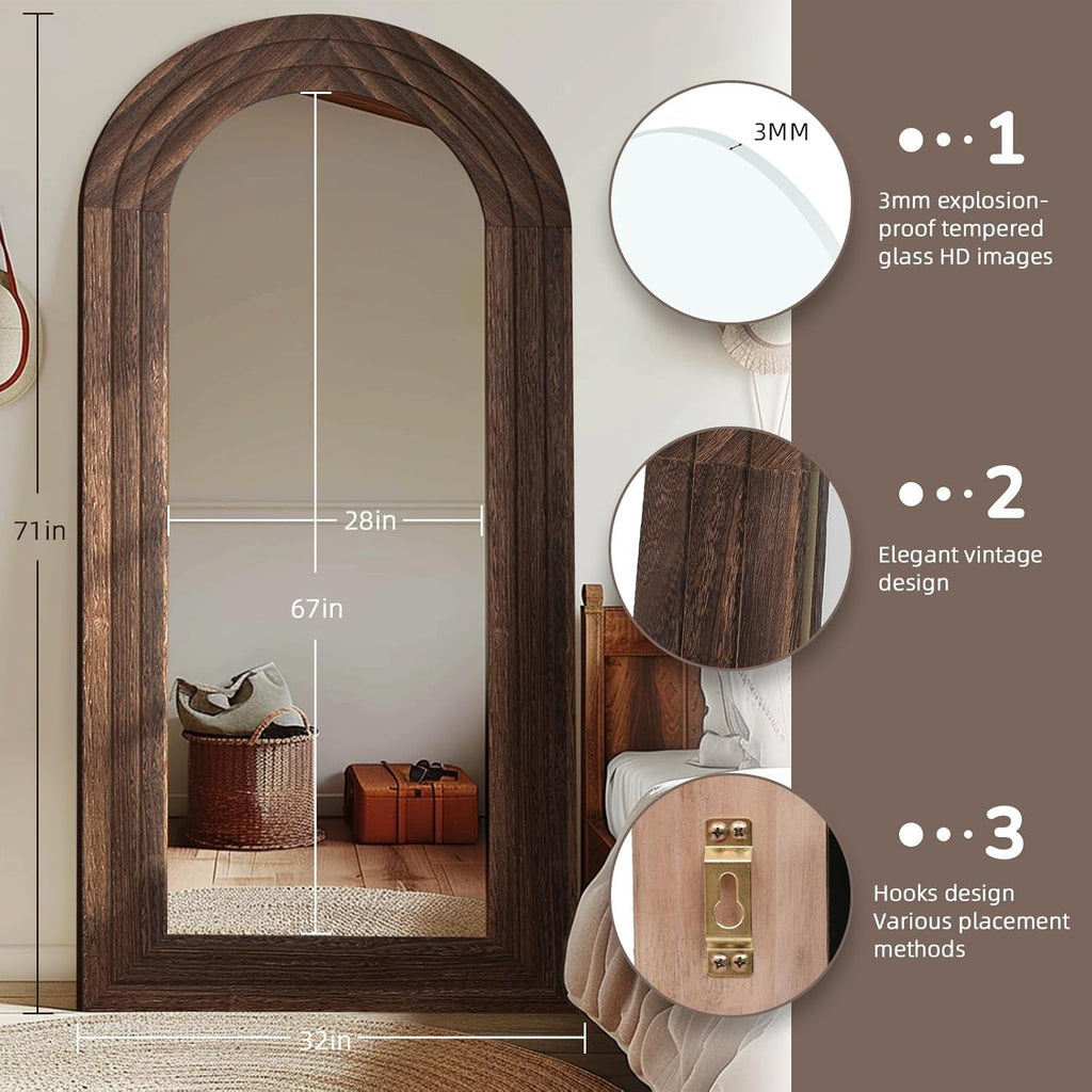 Arched Full Length Mirror 71x32 Inch Brown Solid Wood Frame