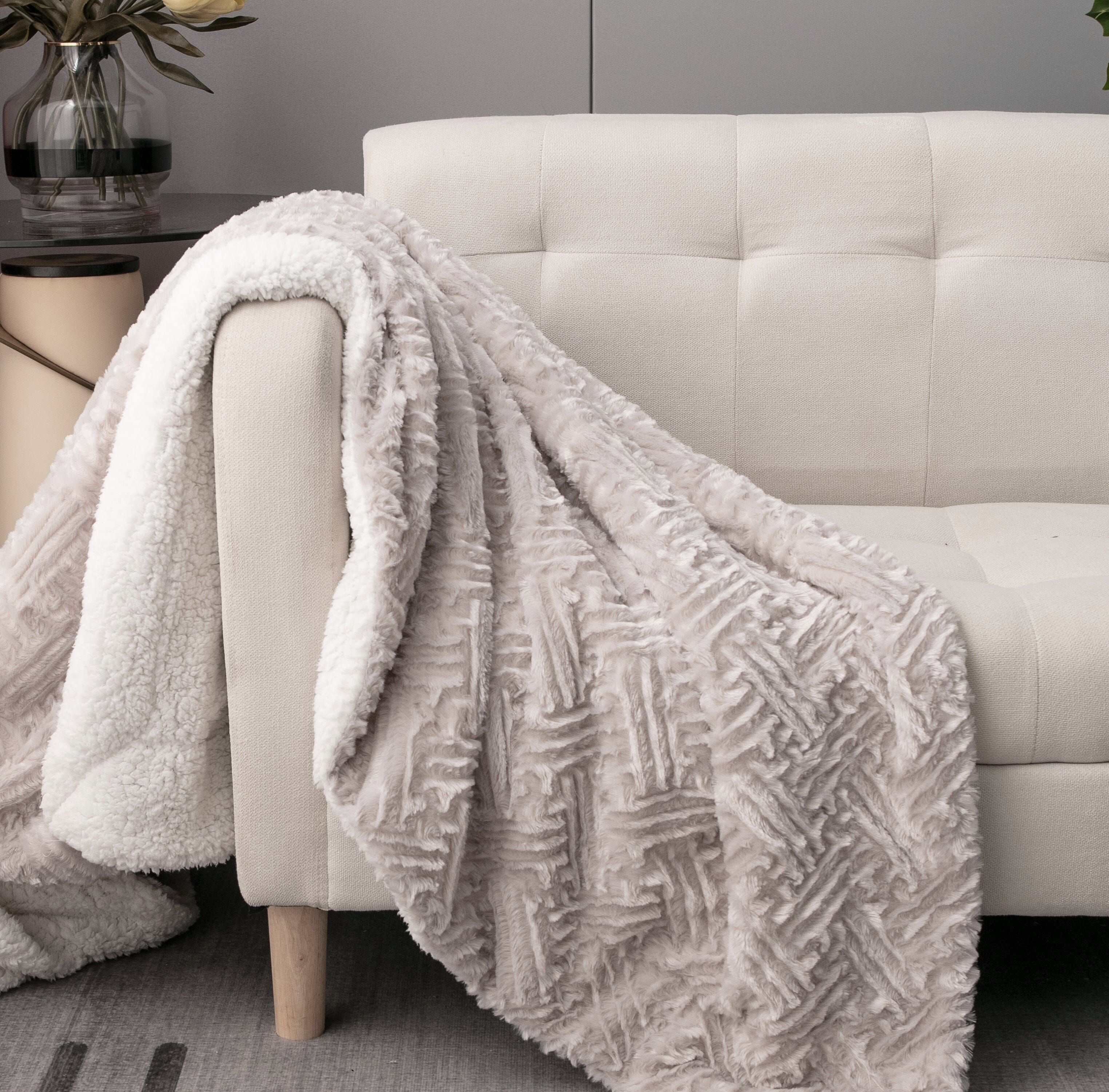 DaDalogy Bedding Lavender Grey Faux Fur Throw Blanket - Dreamy Geometric Embossed Sherpa Backside - Super Soft Warm Cozy Plush Fluffy