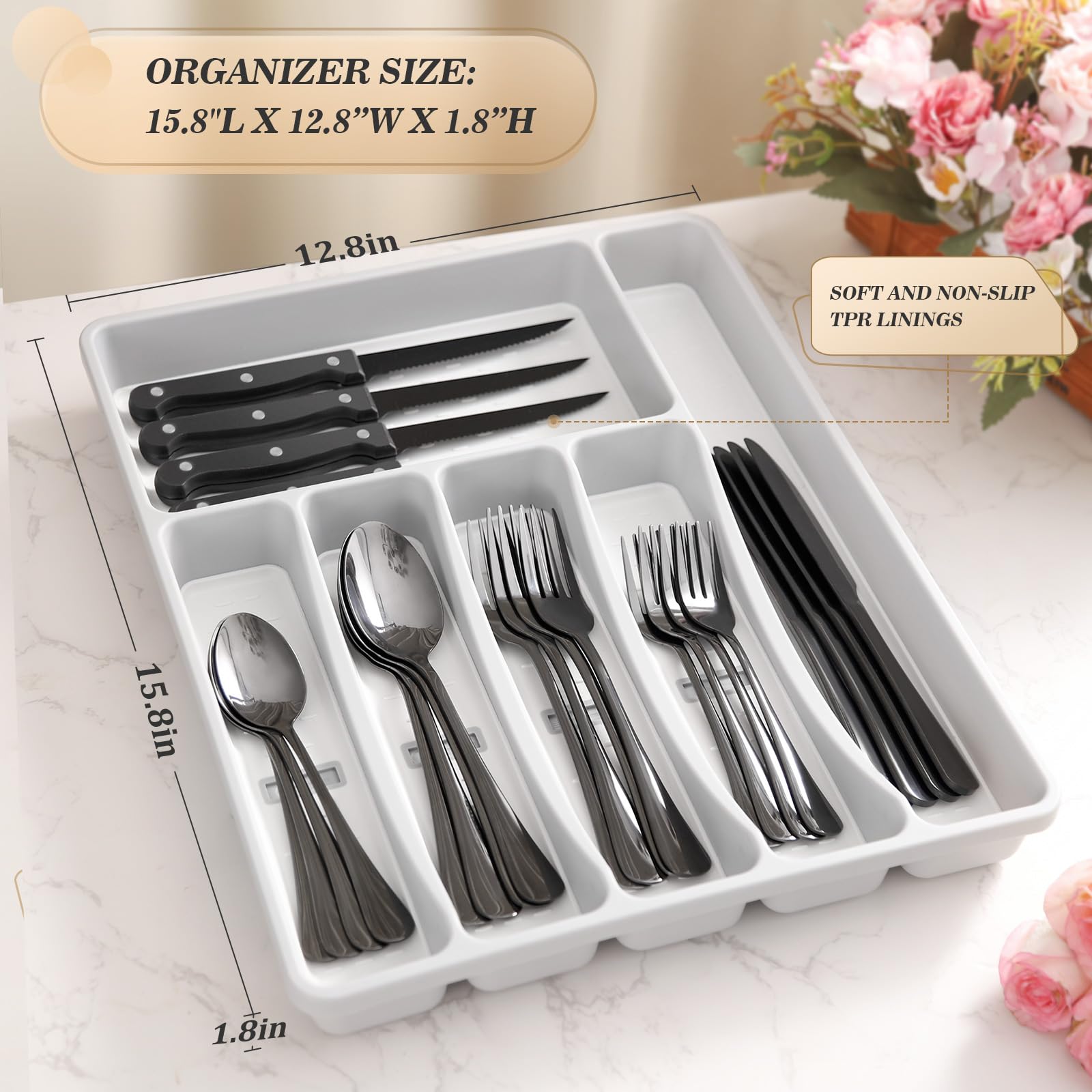 CherHome 25-Piece Black Stainless Steel Silverware Set with Organizer Tray