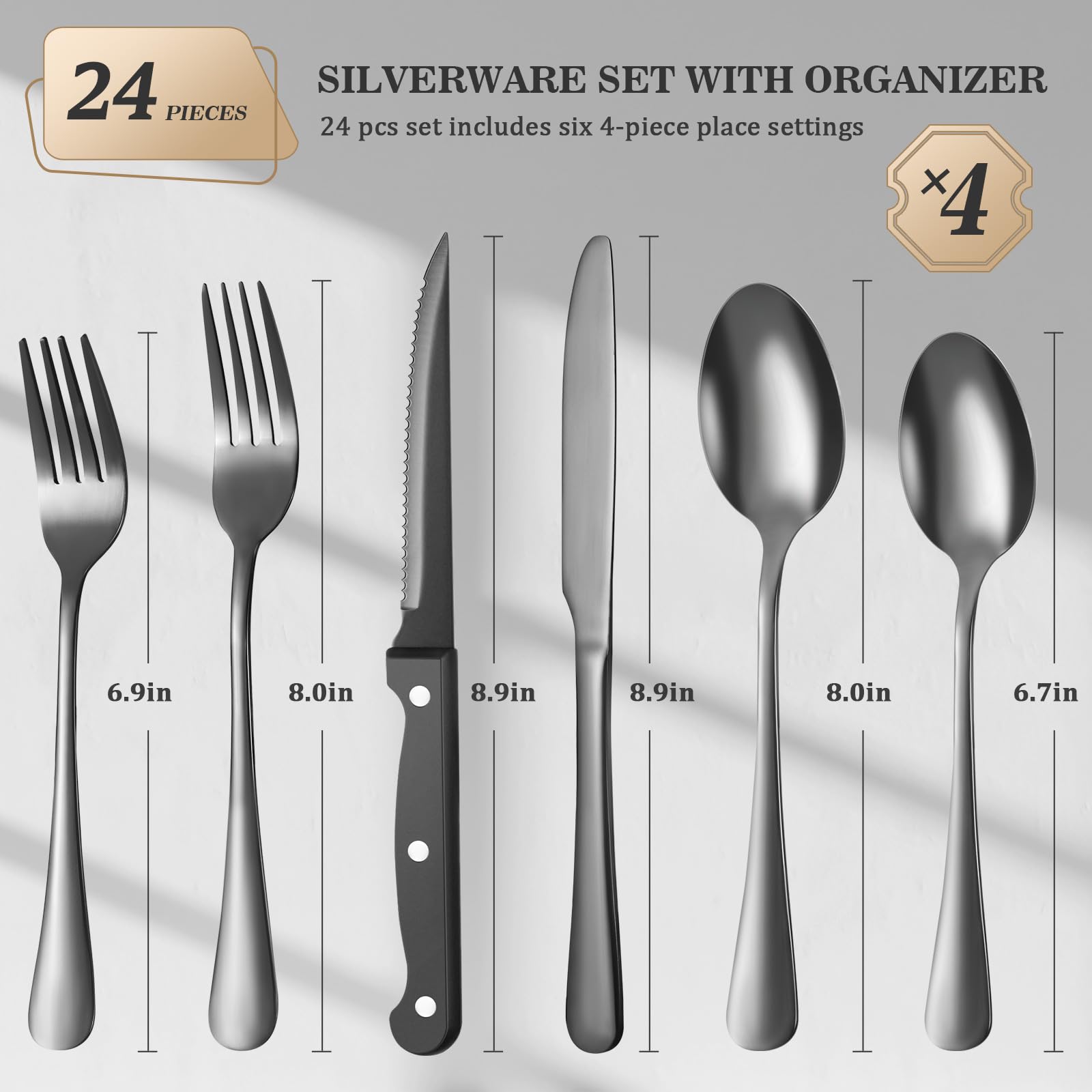 CherHome 25-Piece Black Stainless Steel Silverware Set with Organizer Tray