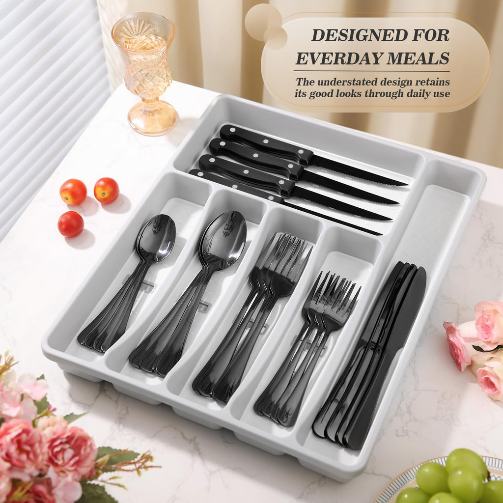 CherHome 25-Piece Black Stainless Steel Silverware Set with Organizer Tray