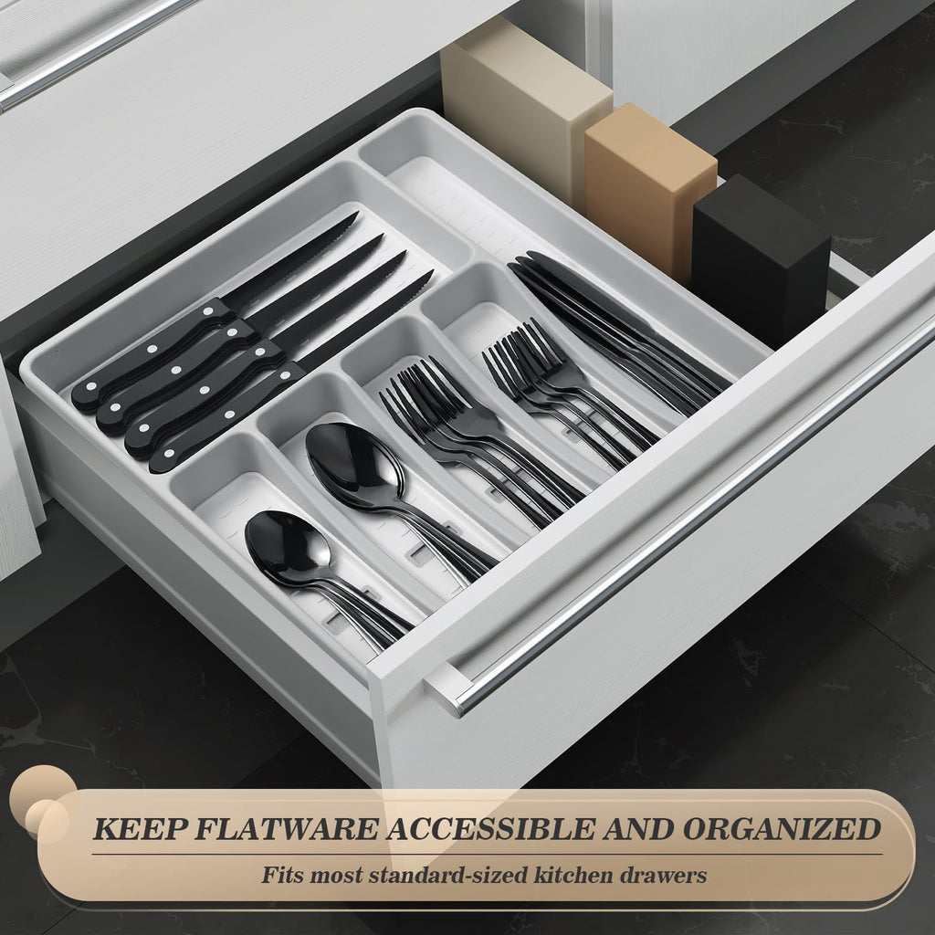 CherHome 25-Piece Black Stainless Steel Silverware Set with Organizer Tray