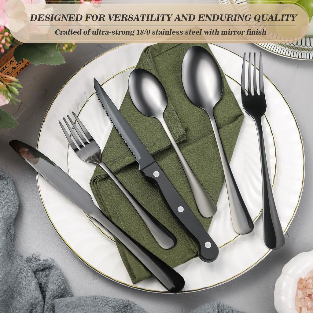 CherHome 25-Piece Black Stainless Steel Silverware Set with Organizer Tray
