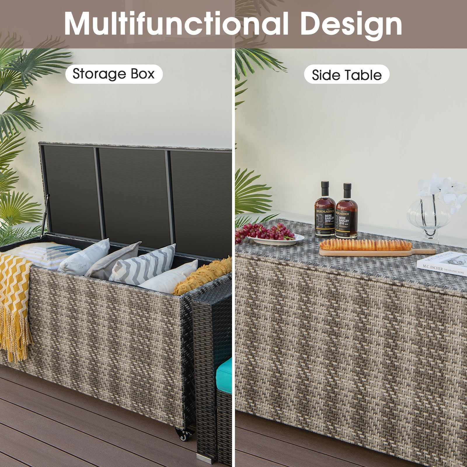 96 Gallon PE Wicker Outdoor Storage Box with 4 Wheels-Gray
