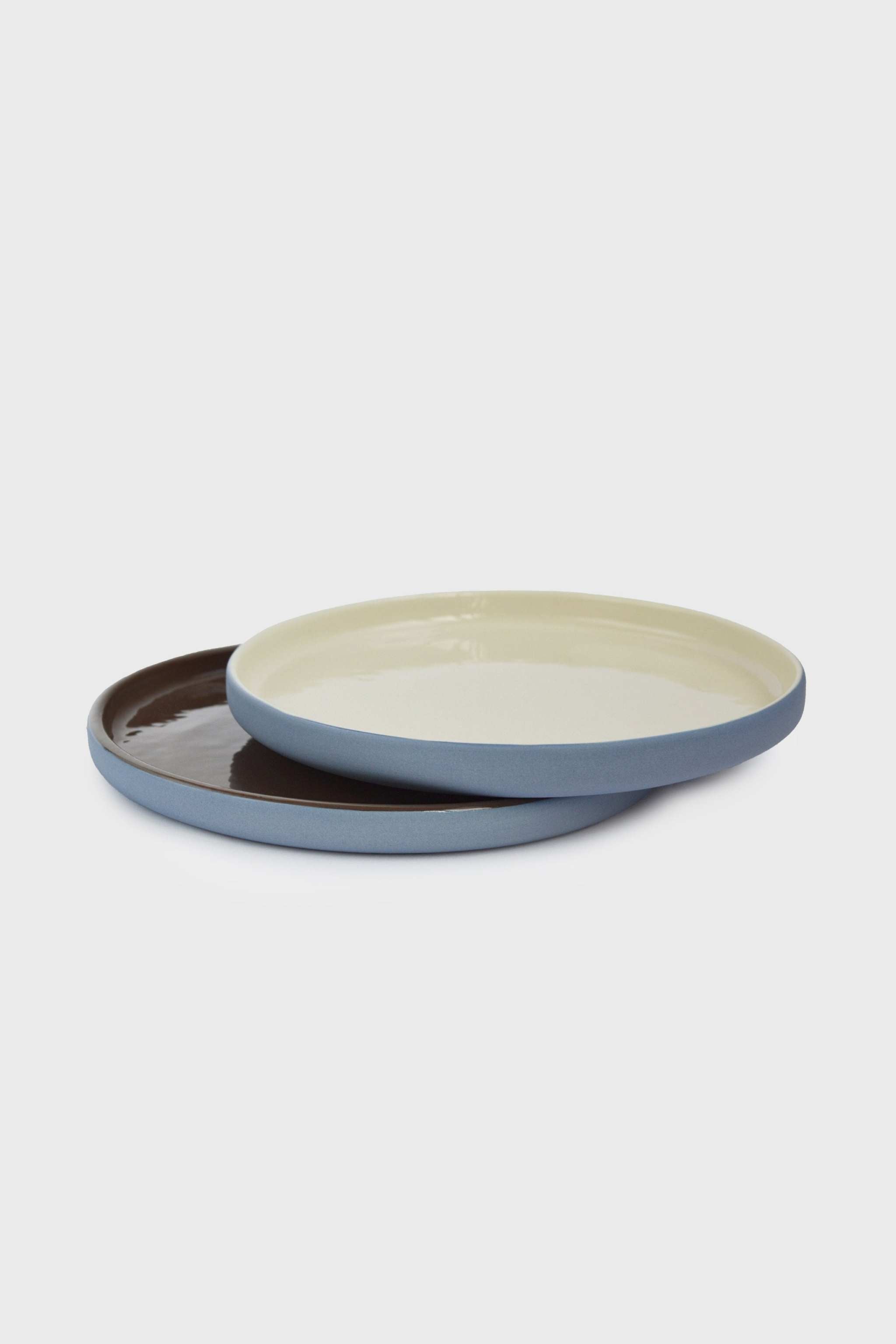 Handmade Blue Porcelain Dinner Plates. Forget-me-not/Chocolate