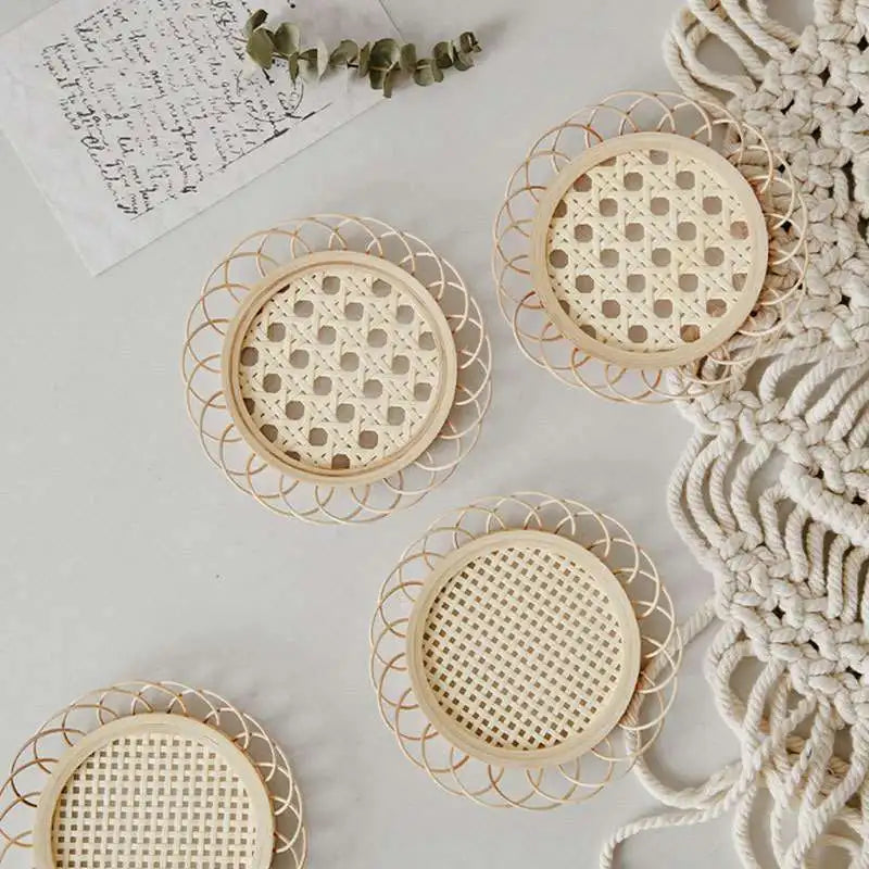 DecorBites™ Bamboo Woven Coasters & Storage Basket Set for Kitchen Table Décor