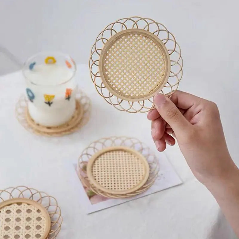 DecorBites™ Bamboo Woven Coasters & Storage Basket Set for Kitchen Table Décor