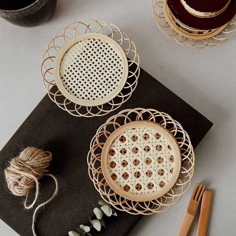 DecorBites™ Bamboo Woven Coasters & Storage Basket Set for Kitchen Table Décor
