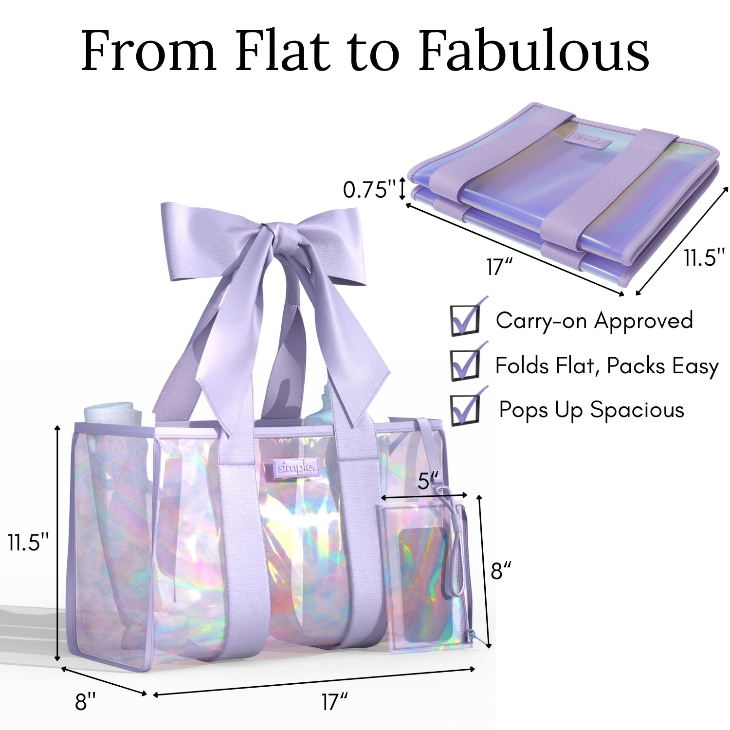 Bowme Beach Prism Purple Tote with Phone Pouch- Lightweight, Waterproof, Tip-Proof, Foldable and Washable Tote Bag for Beach, Pool, Travel and Vacation