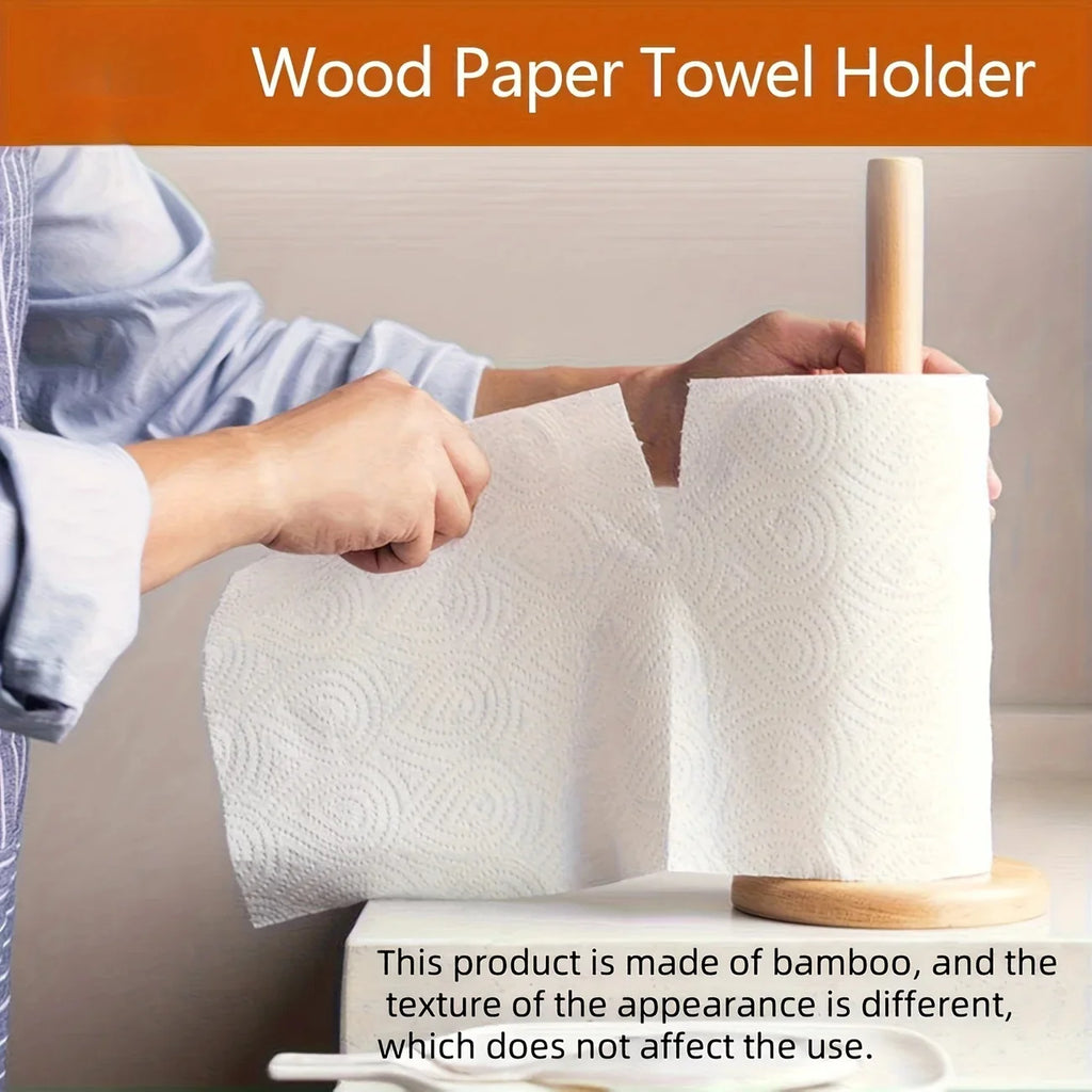Bamboo Paper Towel Holder Wooden Dispenser Round Countertop Stand Kitchen Bathroom Organization Jewelry Accessories Storage Rack