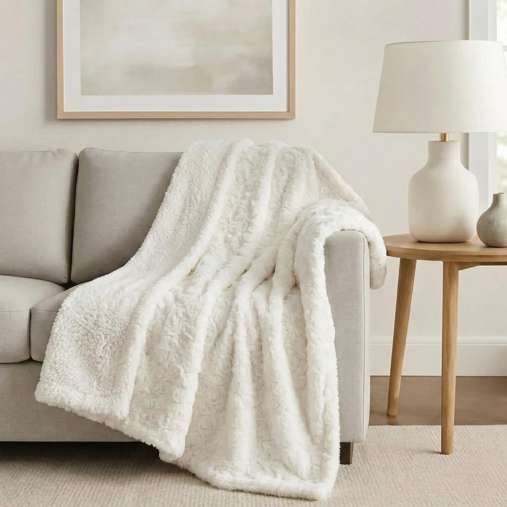 DaDa Bedding Luxury White Roses Fluffy Soft Sherpa Backside Faux Fur Throw Blanket (K11)