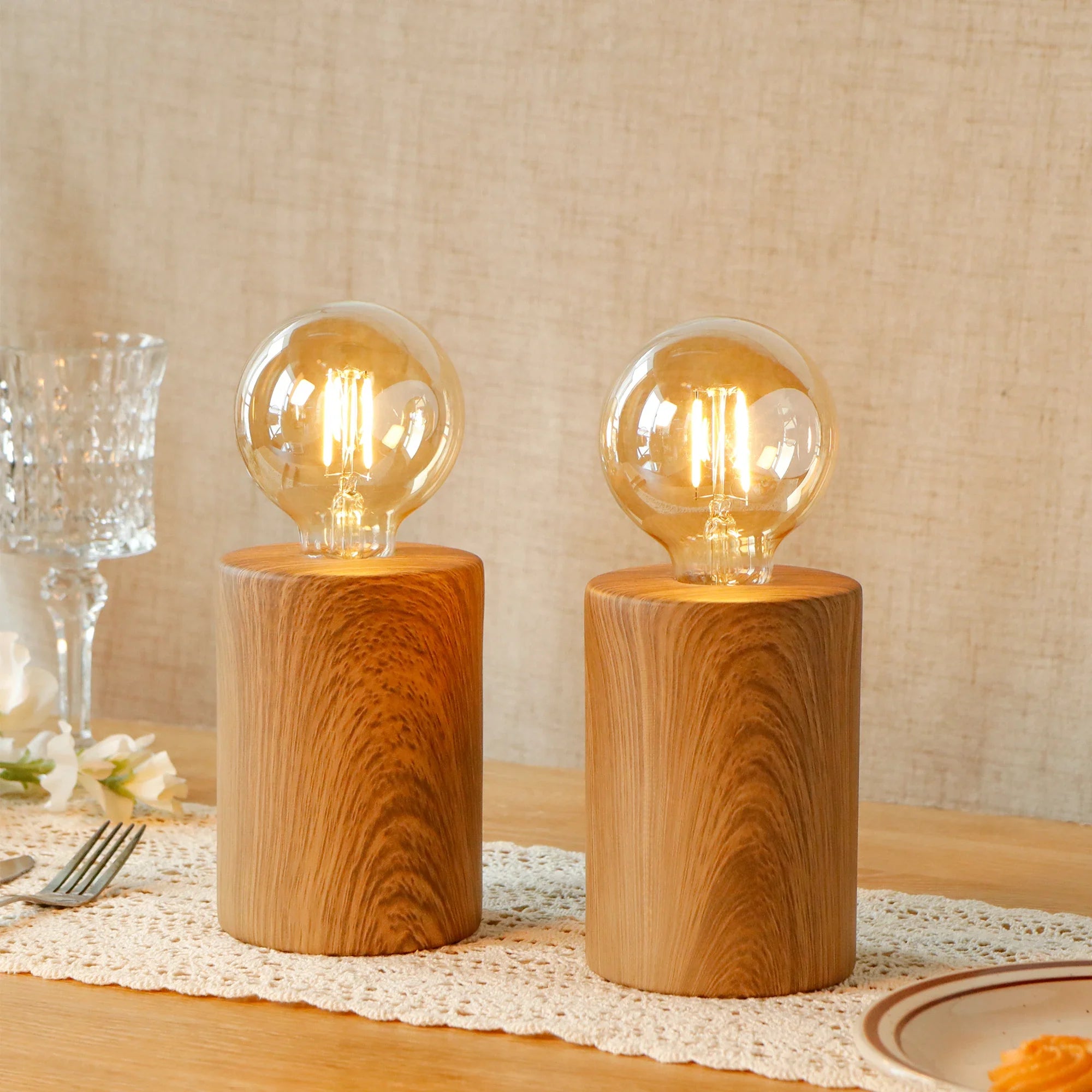 Set of 2 8.5" Tall Wood Grain Table Lamps