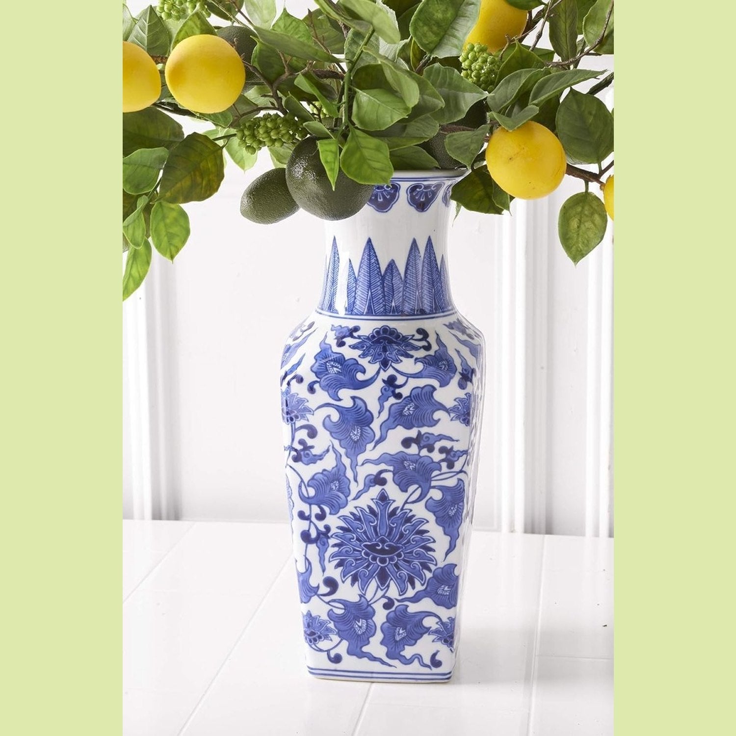14 Inch Ceramic Blue & White Chinoiserie Square Vase