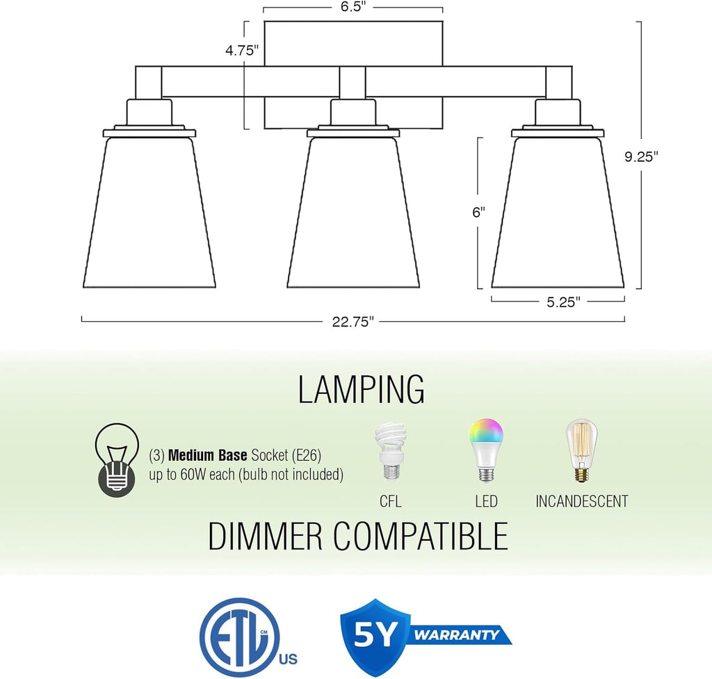 23" 3-Light Farmhouse Vanity Bathroom Light