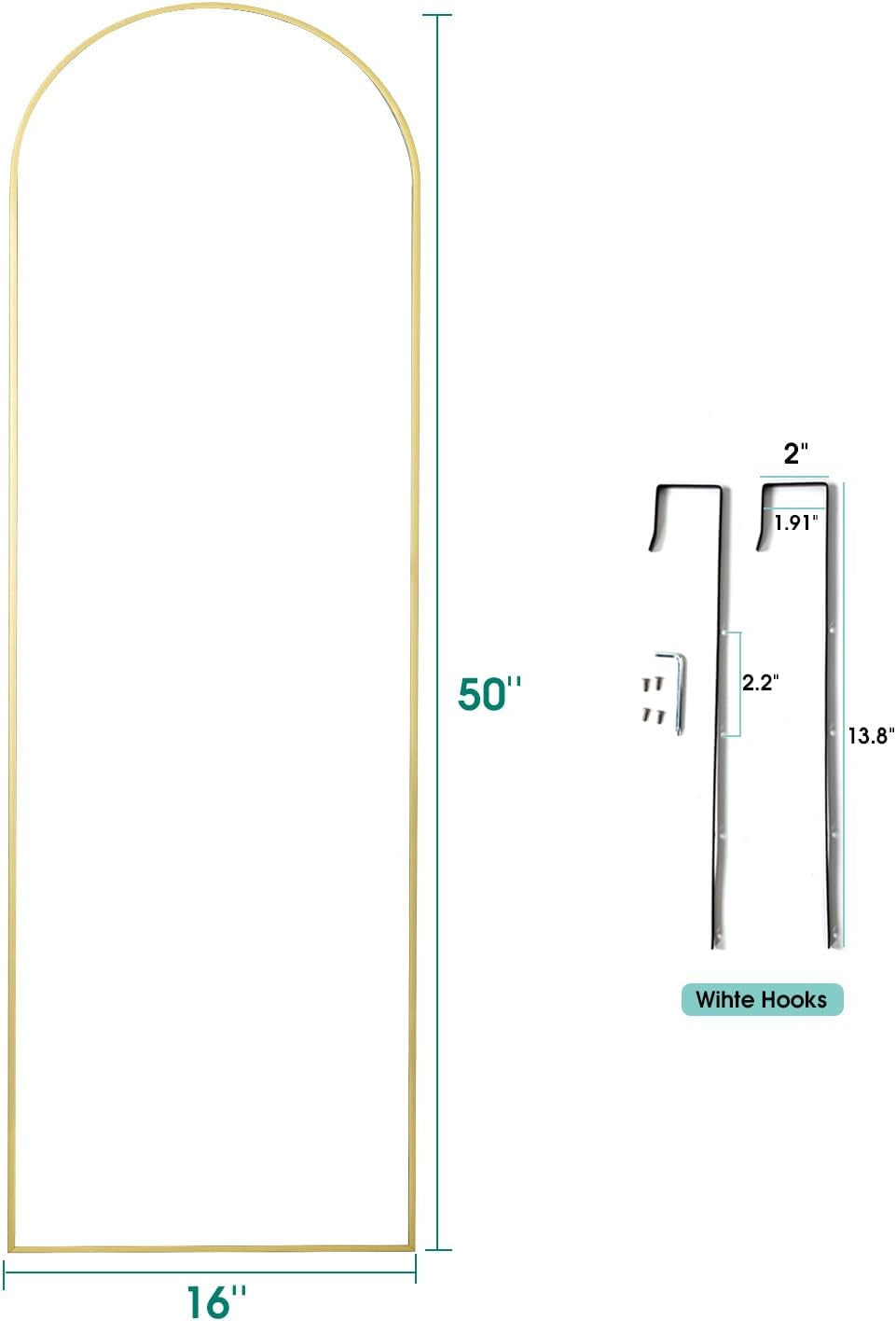 Gold Full Length Door Mirror 16x50 Inches Arched Over the Door