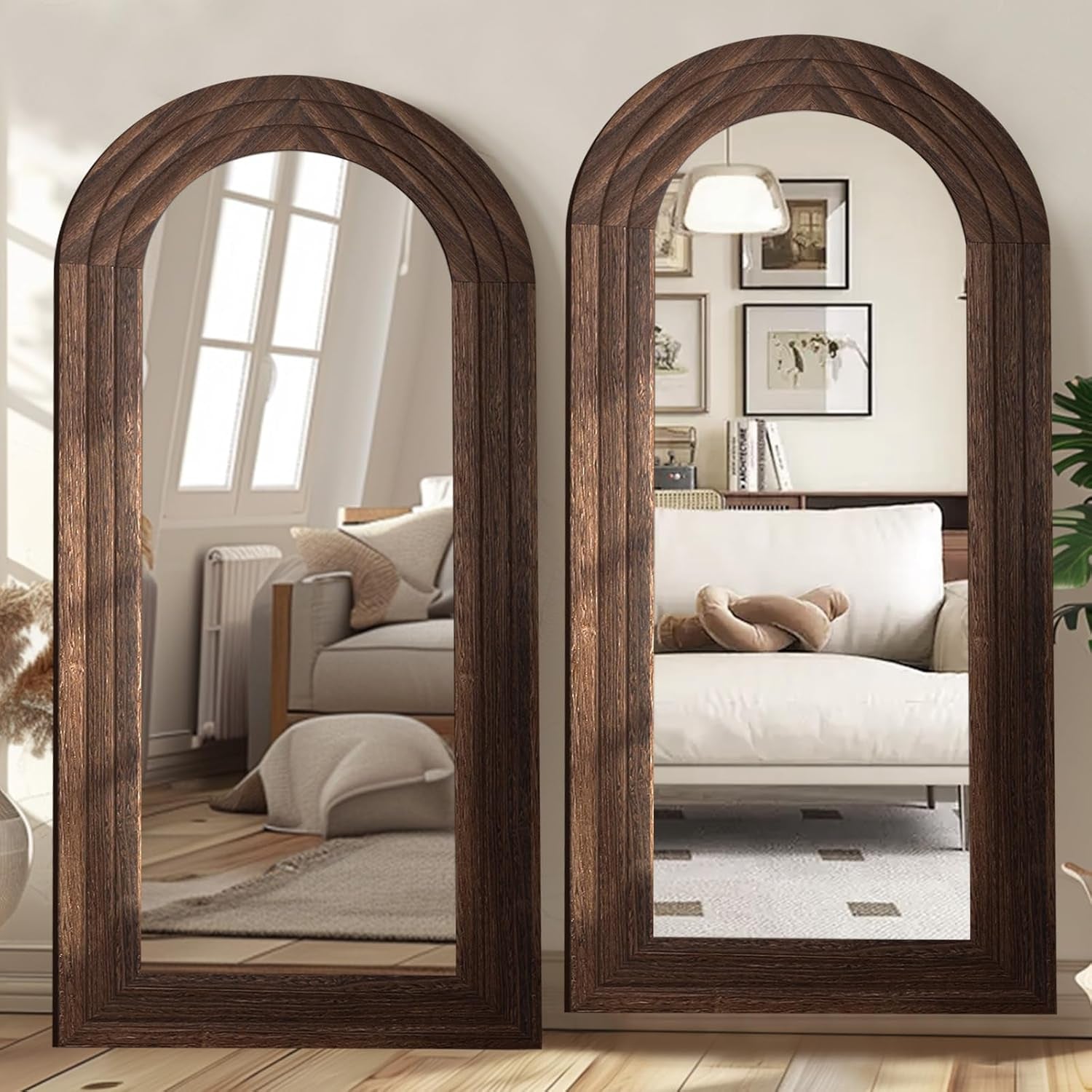 Arched Full Length Mirror 71x32 Inch Brown Solid Wood Frame