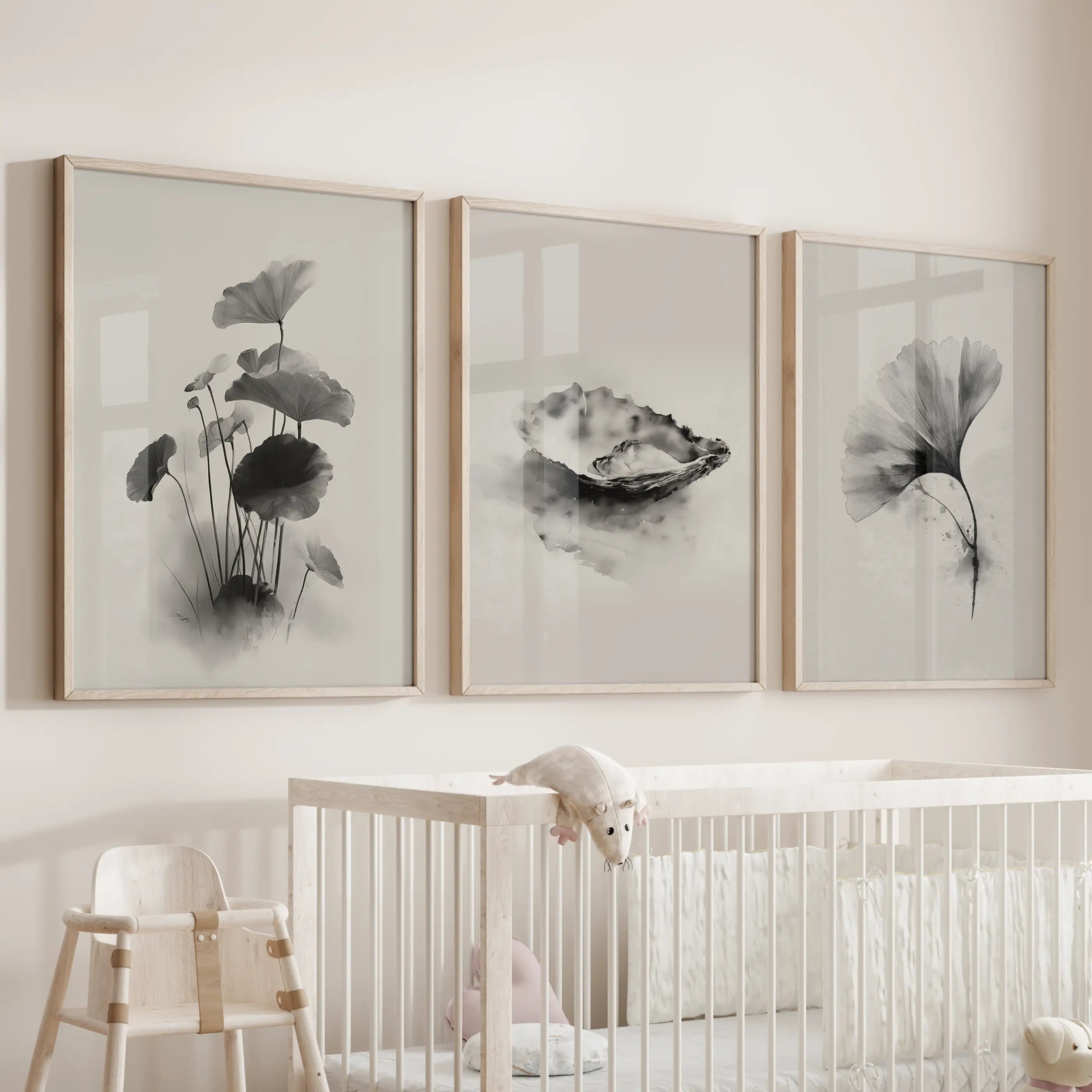 Minimalist Japanese Set of 3 Prints. Black and White Flowers Decor